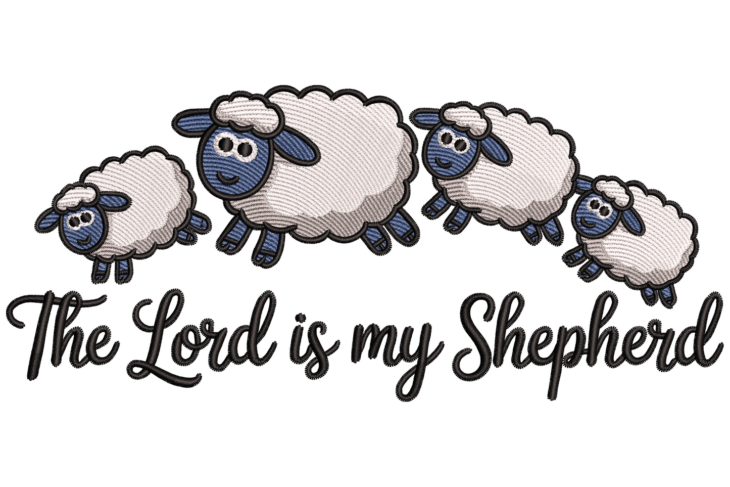 Four cartoon sheep above cursive Lord is my Shepherd script embroidery in slate blue and black