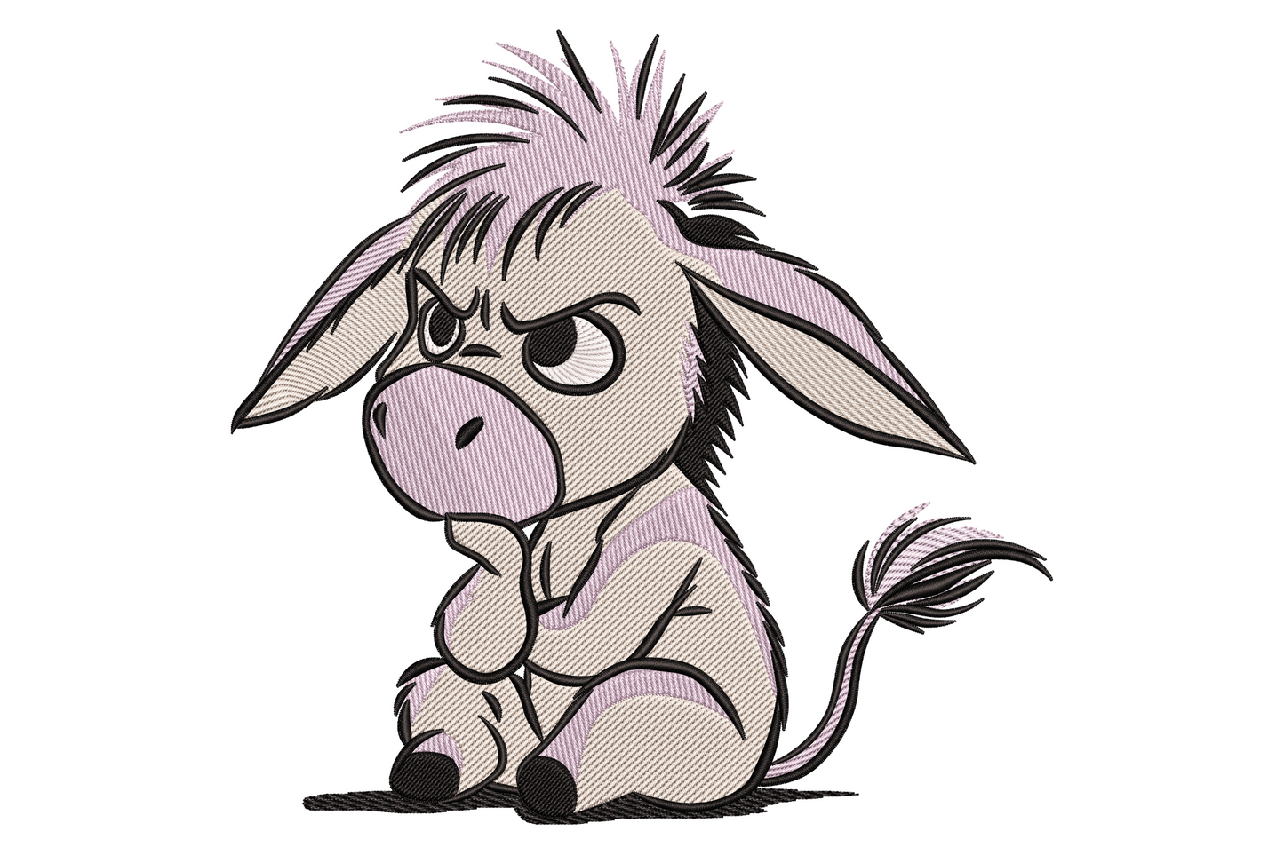 Cartoon baby donkey embroidery sitting with shaggy black mane, lavender inner ears and a sulky frown on grey.