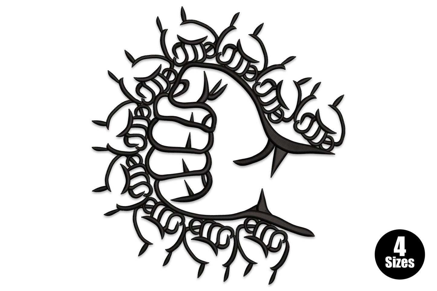 Thorn crown letter C embroidery design, bold monogram letter C wrapped in a thorny vine ring with sharp spikes, single color black satin fill