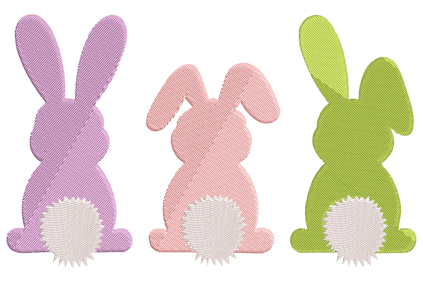 Three bunny silhouettes embroidery design in pastel purple, soft pink, and lime green with fluffy white tails