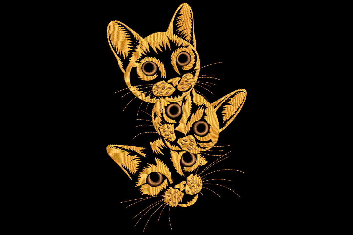 Three cats embroidery design with golden line-art kittens stacked vertically, detailed fur and big eyes on dark fabric