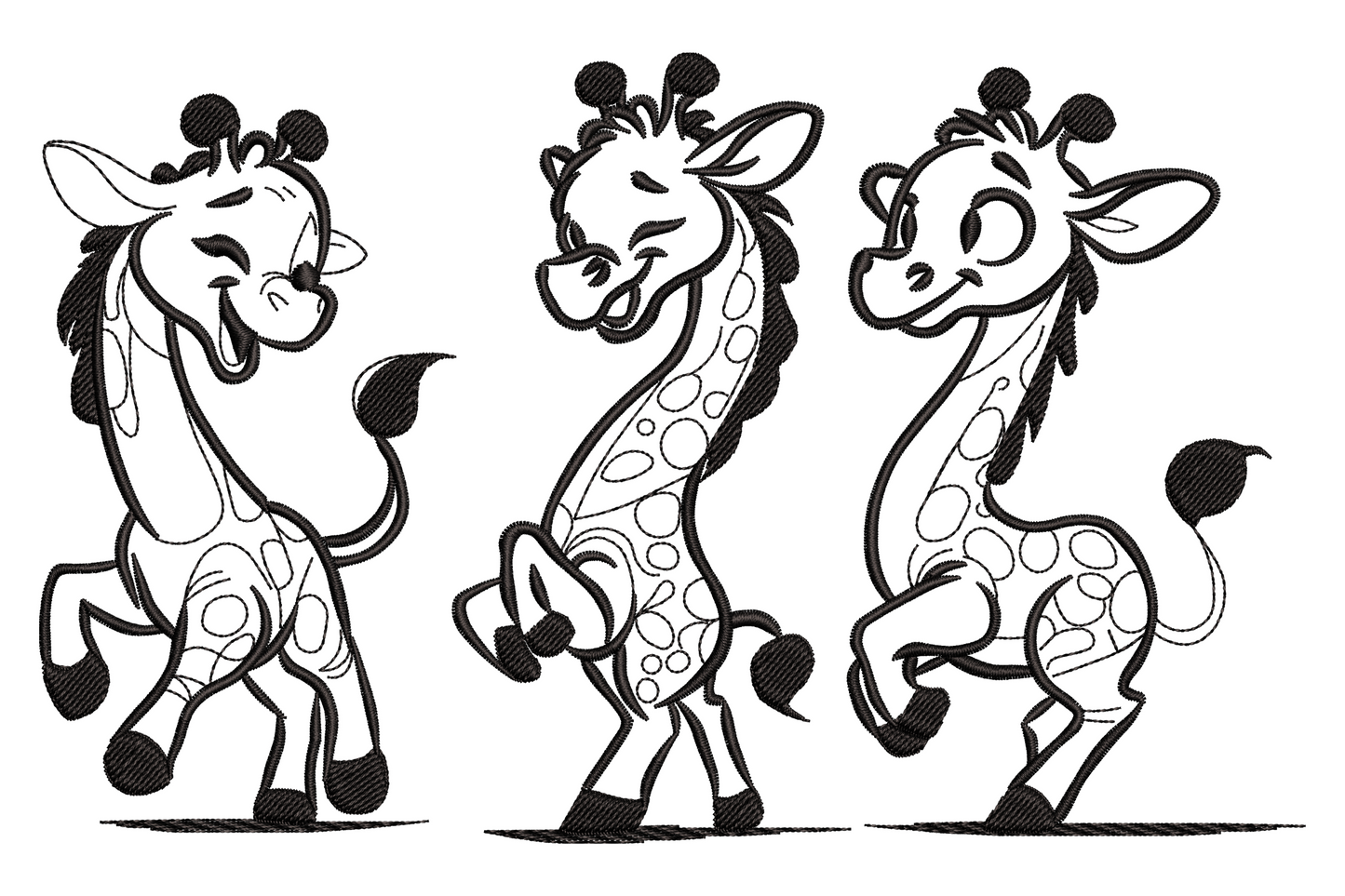 Three baby giraffes embroidery design in a single black sketch outline, standing side by side with no fill, soft nursery style.