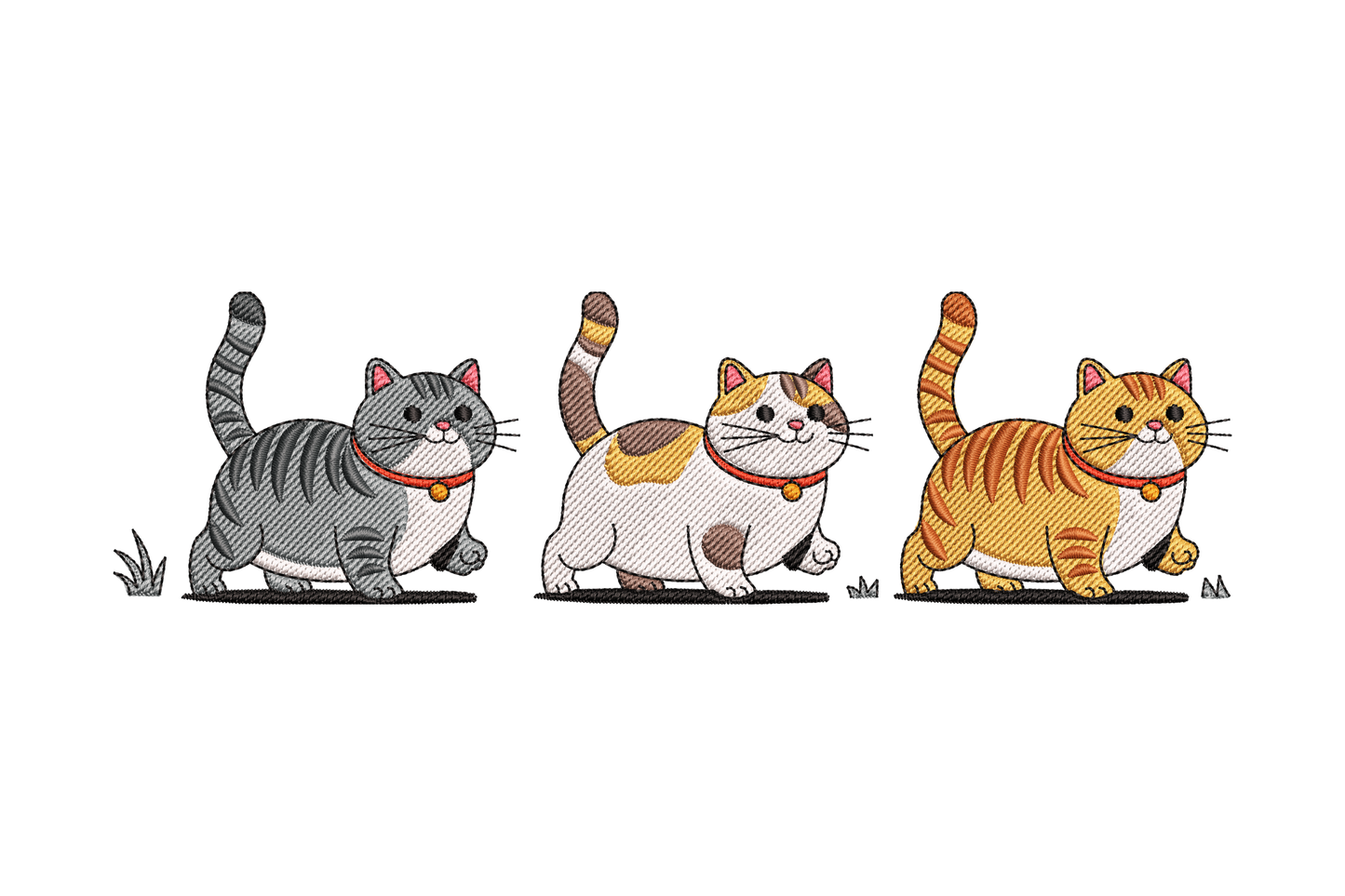 Three cartoon cats with collars embroidery design