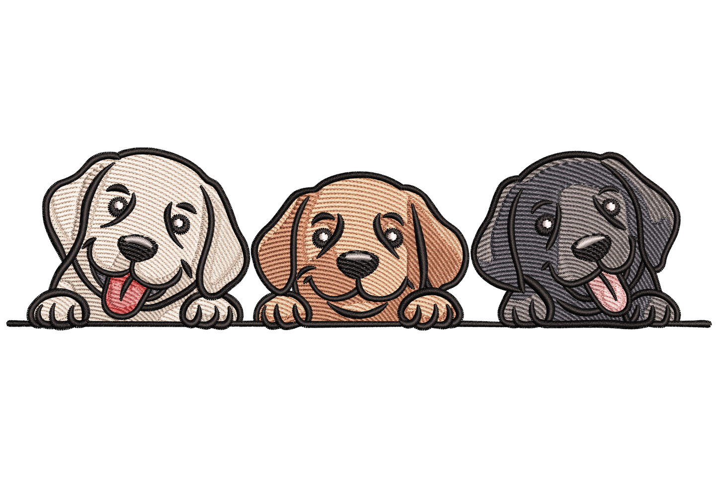Three puppies embroidery design, yellow lab, golden, and black lab peeking over a line with tongues out