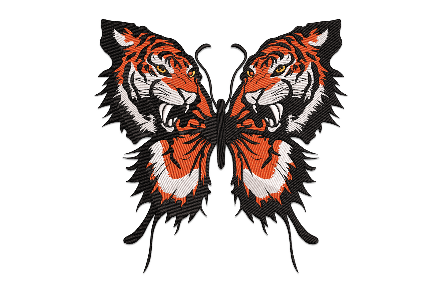 Tiger butterfly embroidery design with two mirrored snarling tiger faces forming the butterfly wings in orange, black and white with jagged dark wing edges.