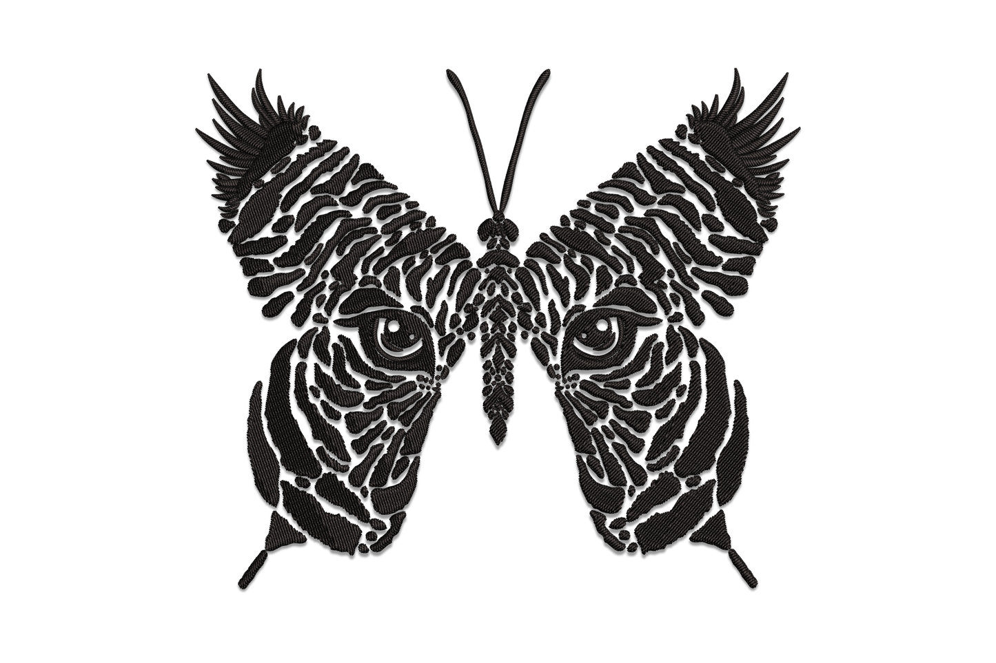 Tiger face merged into butterfly wings embroidery design, single colour wildlife art, 5 sizes 3 to 6.5 inches