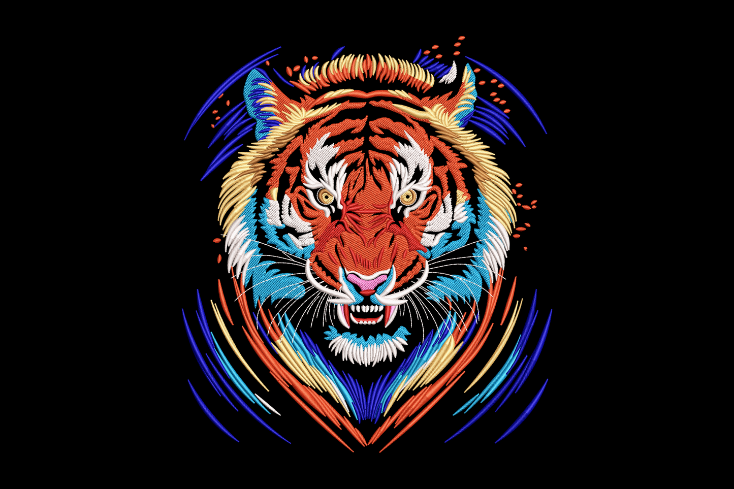 Tiger face embroidery, snarling open mouth, directional orange and sky blue fur, geometric arc framing. Wildlife portrait.