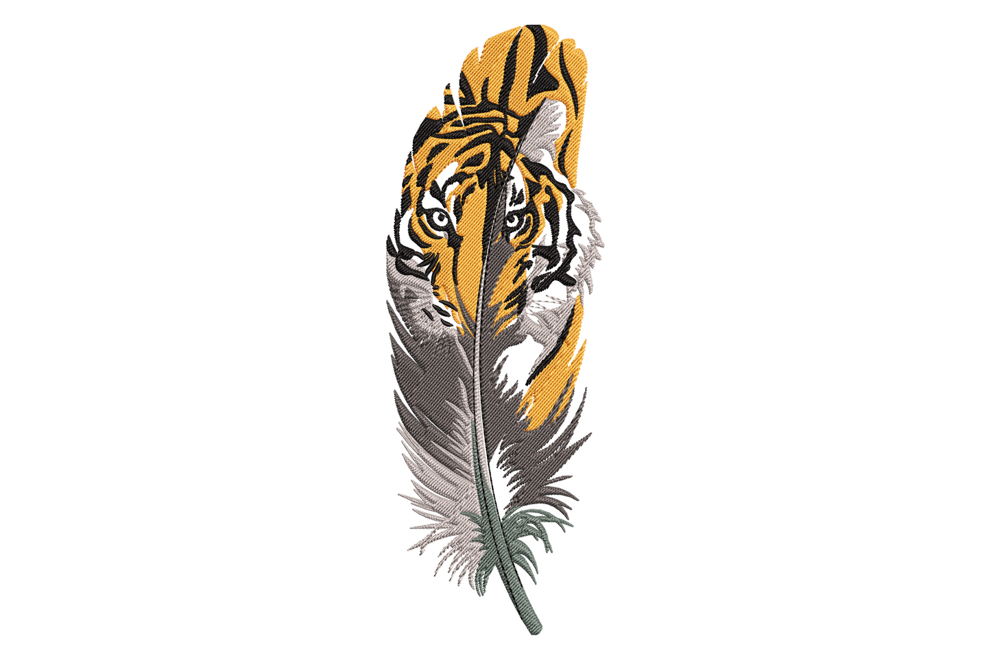 Tiger feather embroidery design, elongated feather filled with burnt orange and charcoal tiger stripes flowing along each barb.