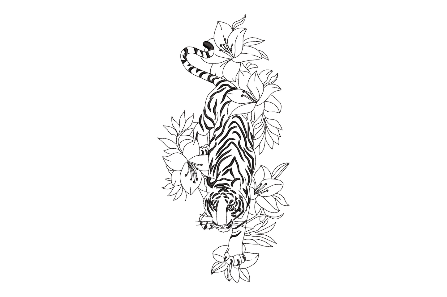 Black tiger floral line art embroidery, crouching tiger with tropical leaves and flowers, tattoo-style wildlife pattern