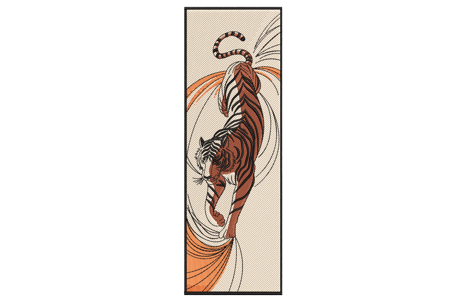 Bengal tiger embroidery, rust orange and black stripes with curling ribbon flourishes on cream, tall portrait shape
