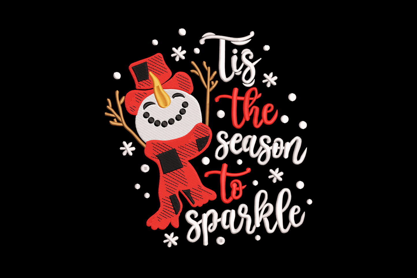Tis the Season to Sparkle snowman embroidery design, cheerful snowman with scarf and hat, holiday typography in 5 colours for Christmas sweatshirts
