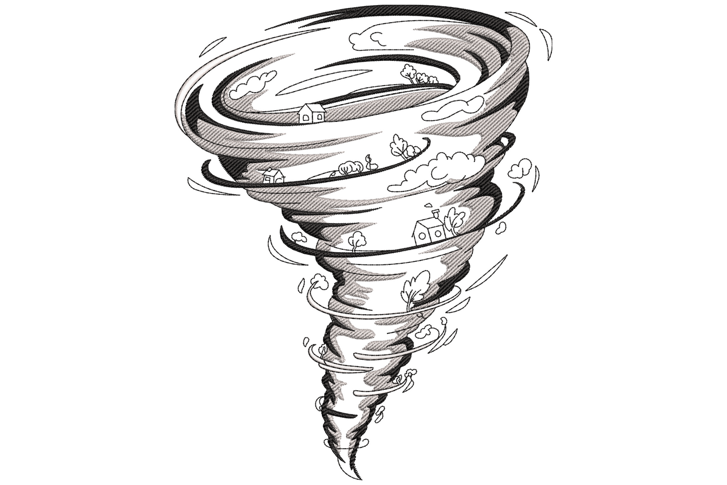 Sketchy spiral tornado funnel tossing tiny houses and debris hand-inked grey and black embroidery design
