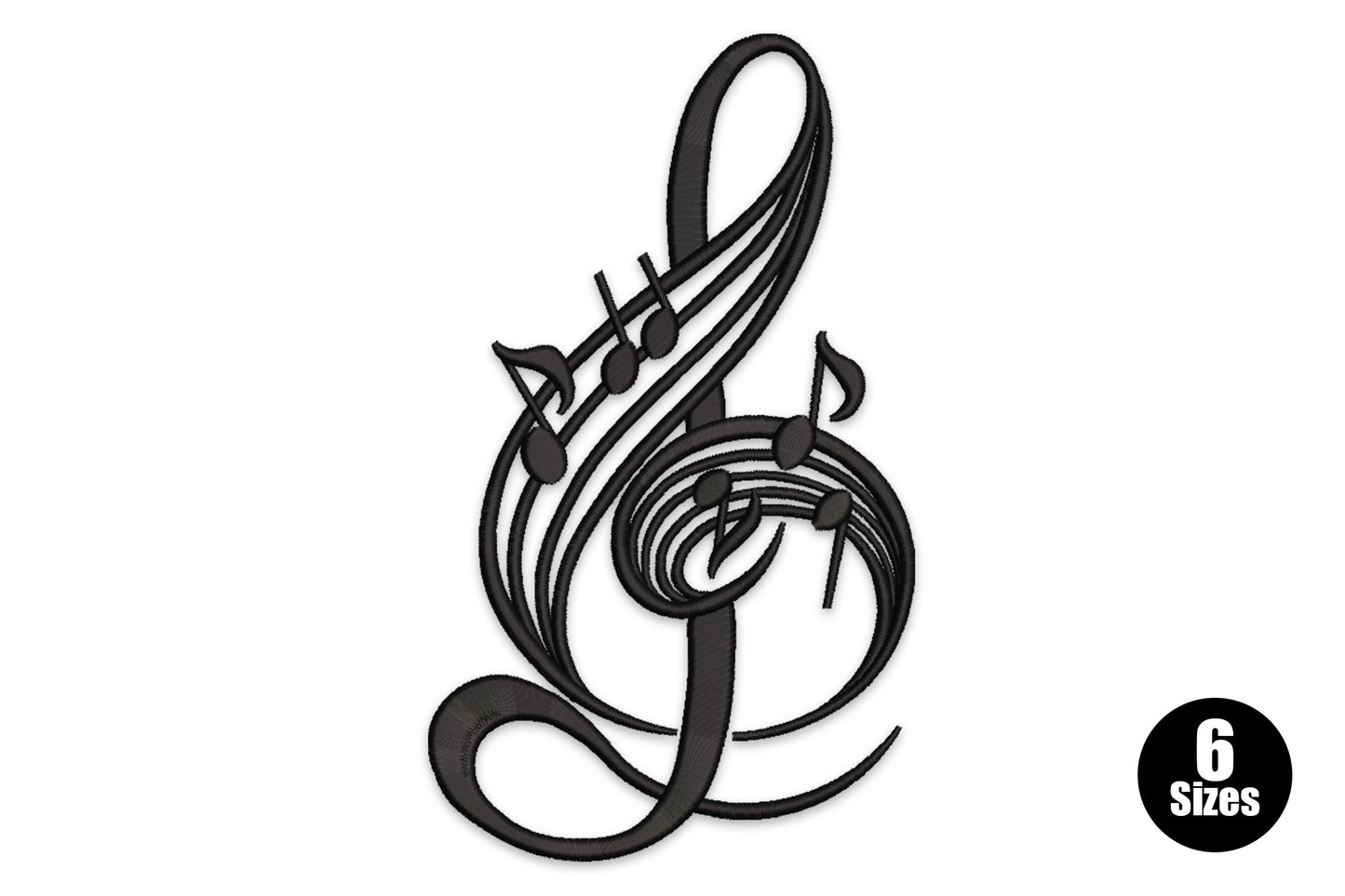 Black treble clef embroidery design with music notes branching outward from the staff lines.