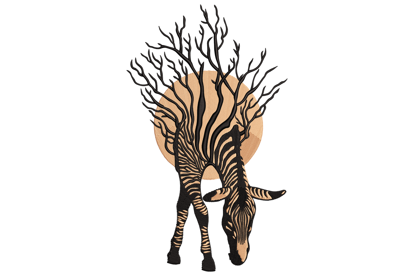 Tree-zebra silhouette embroidery design, acacia shaped like a zebra in black, set in an orange sunset disc.