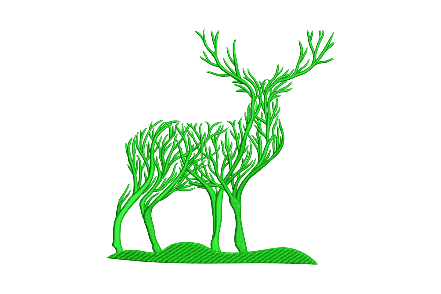 Dark green tree deer embroidery silhouette, stag body formed from bare winter branches and roots, standing on a grass mound.