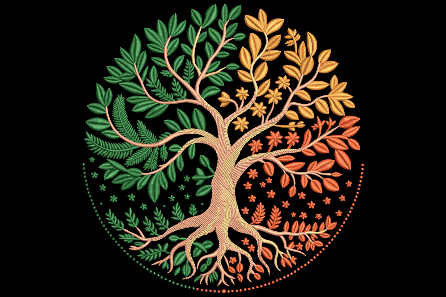 Tree of four seasons embroidery design with circular canopy split into spring green, autumn gold, fall red and winter sand.