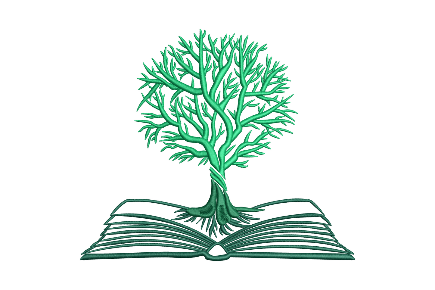 Tree of knowledge embroidery, bare branches growing from open book spine, 3 green thread shades, 5 sizes