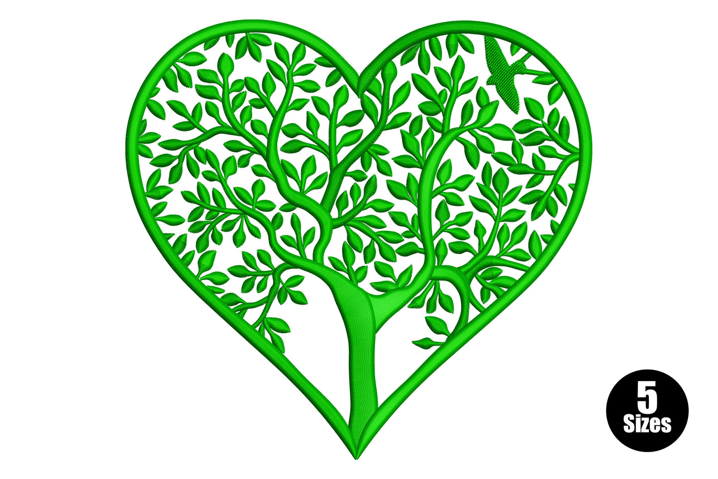 Tree of life heart embroidery in dark green, twisting trunk and branches inside a heart with roots at the base.