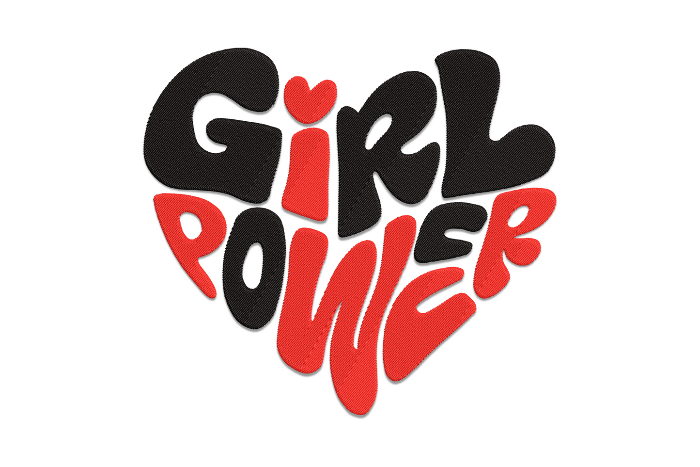 Bold block-letter girl power embroidery in white on black fabric, chunky slab-serif typography, clean 2-colour finish