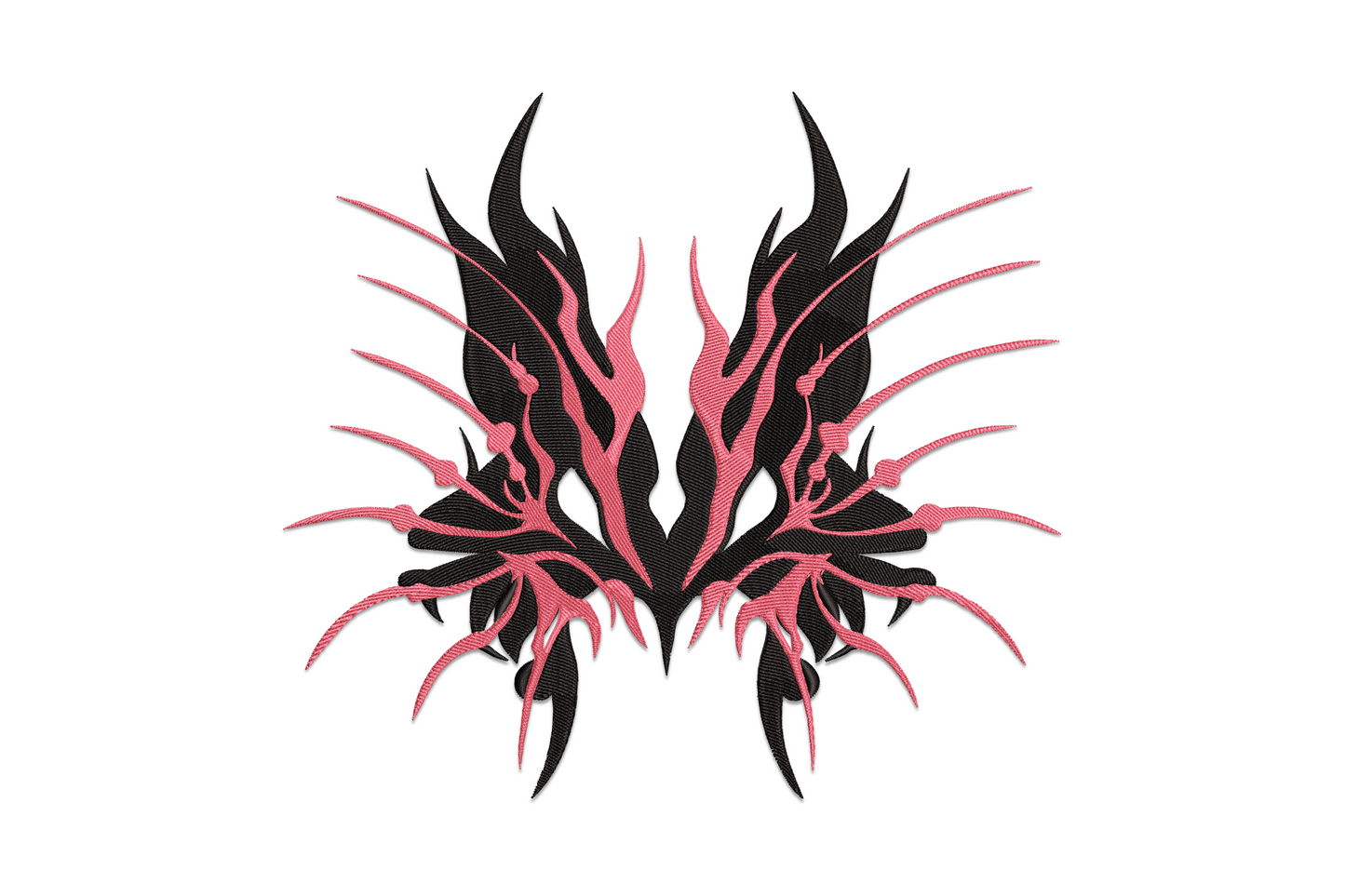 Tribal butterfly embroidery with sharp spiked wings in deep black and hot rose pink on white background.