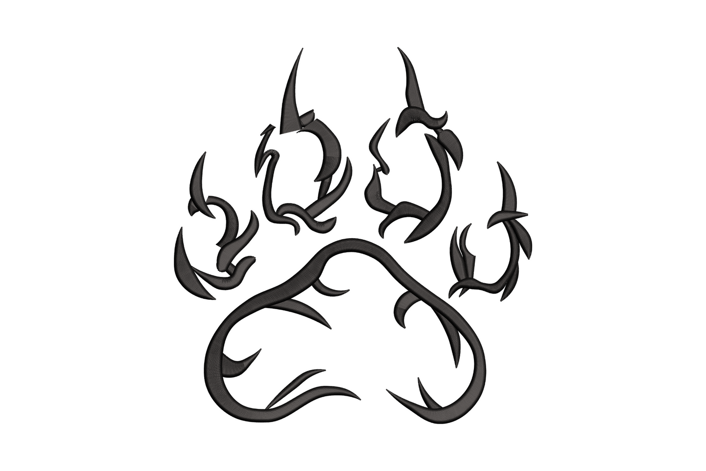 Tribal flame paw print in single charcoal thread, outline-only design with curved feather and hook extensions on all toe positions