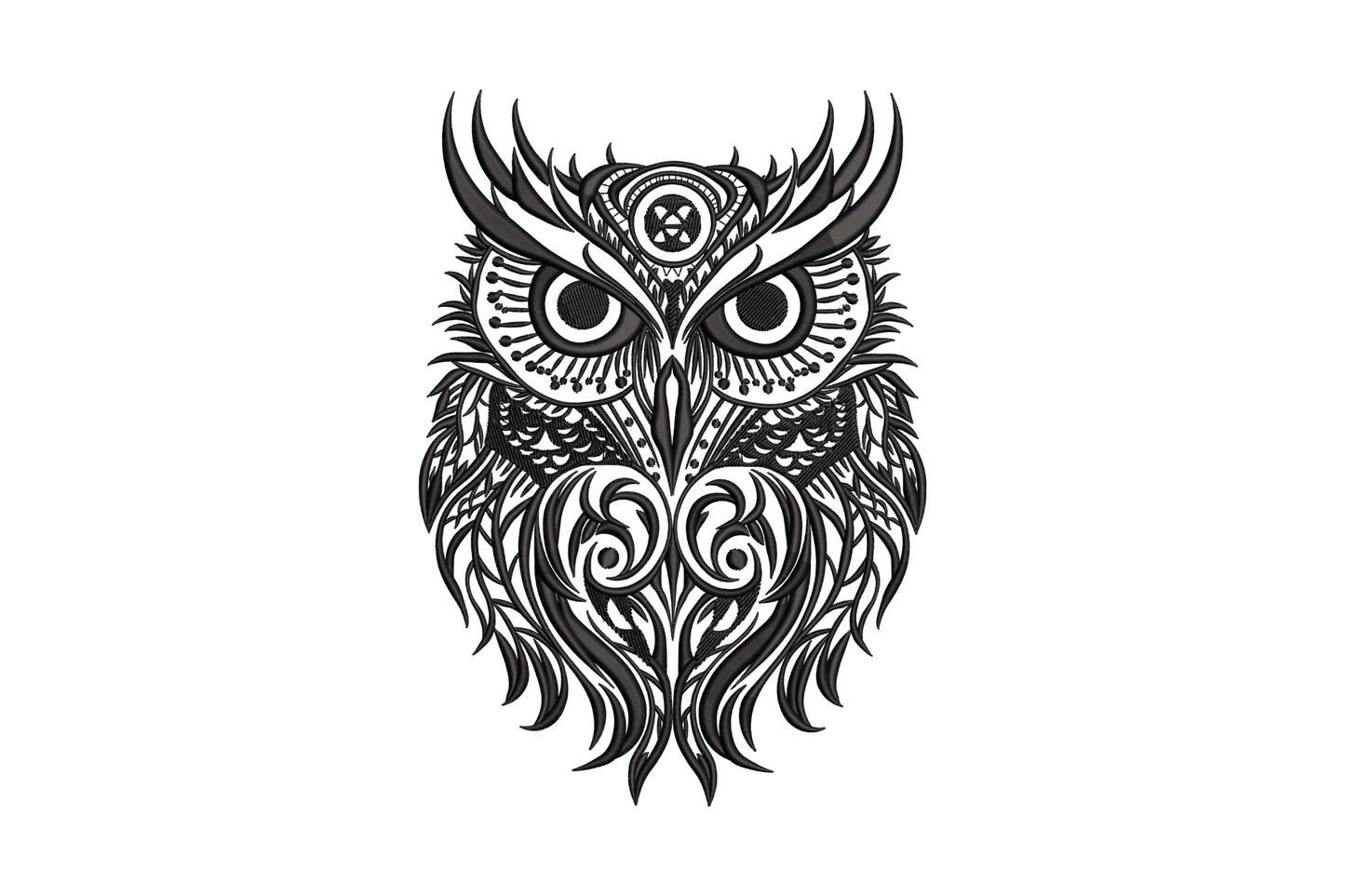 Tribal owl mandala in black thread, front-facing owl with flame feather tufts, scrollwork covering body and chest.