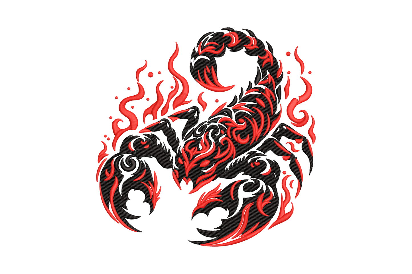 Tribal red and black scorpion embroidery, rearing pose with flame fills, 5 sizes up to 7.51 inches