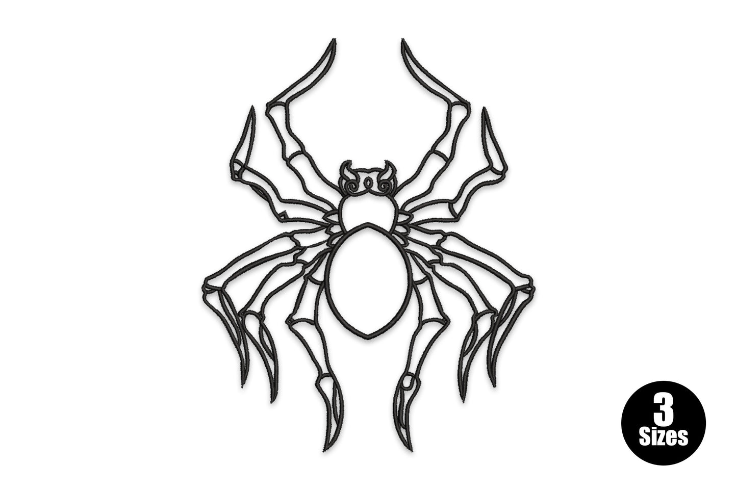 Tribal spider line art embroidery in solid black outline, ornate segmented legs, swirl body patterns and a radiating web behind.
