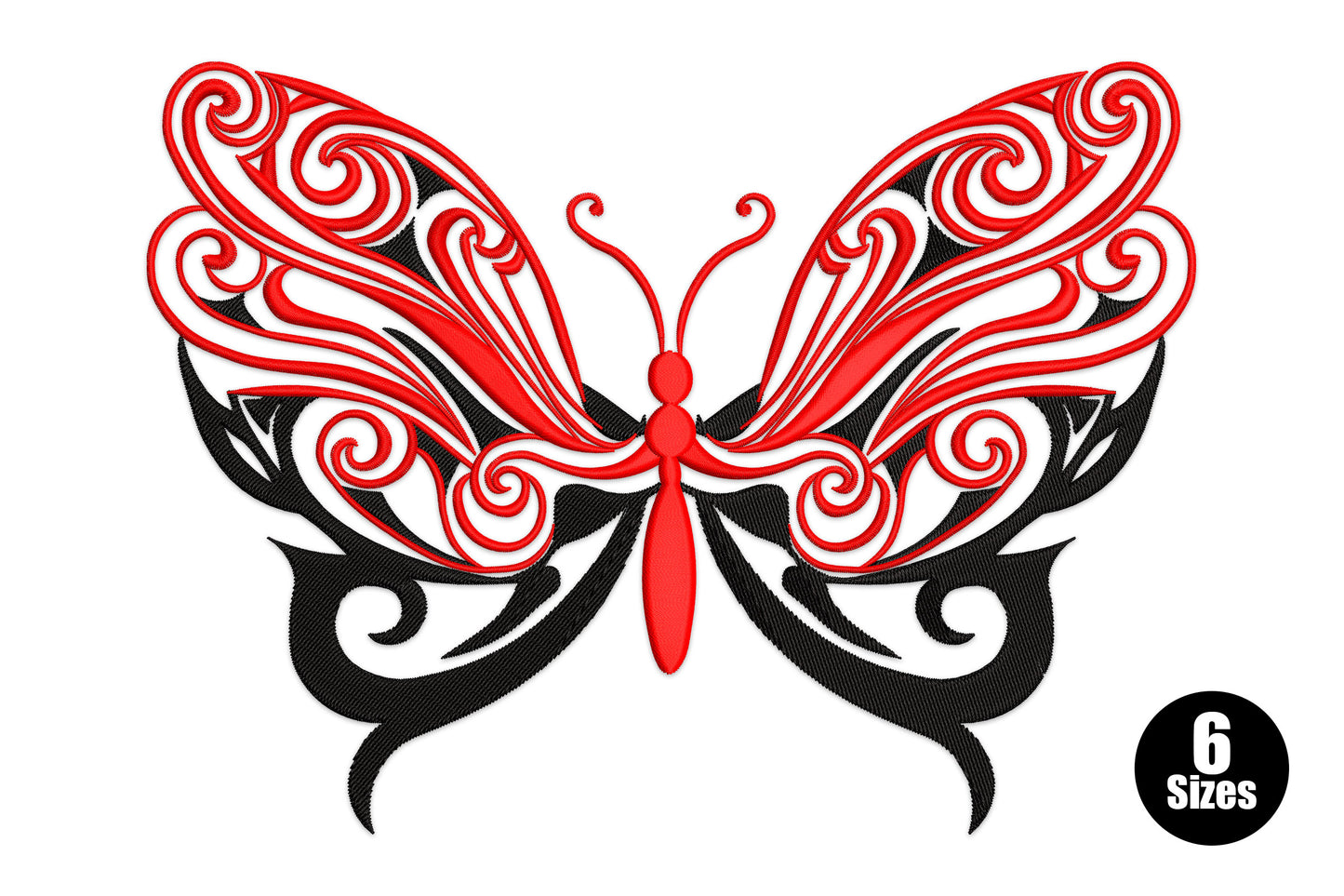 Tribal swirl butterfly embroidery in red and black, symmetric scrollwork upper layer over a tribal flame backdrop.