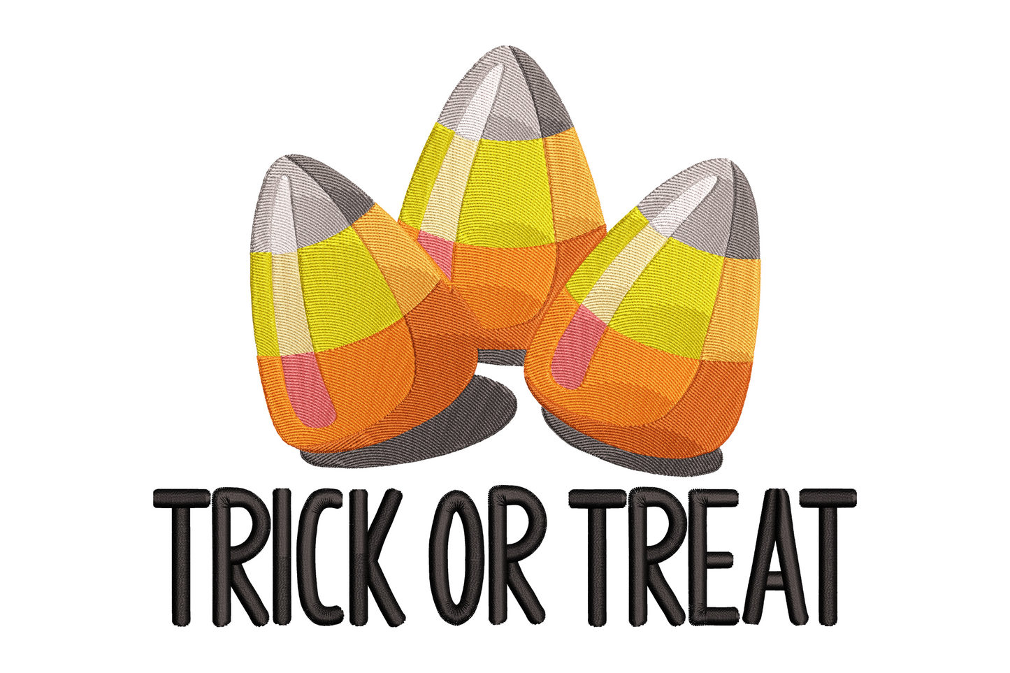 Trick or treat candy corn embroidery design with three cream white orange and yellow candy corn pieces above bold black lettering