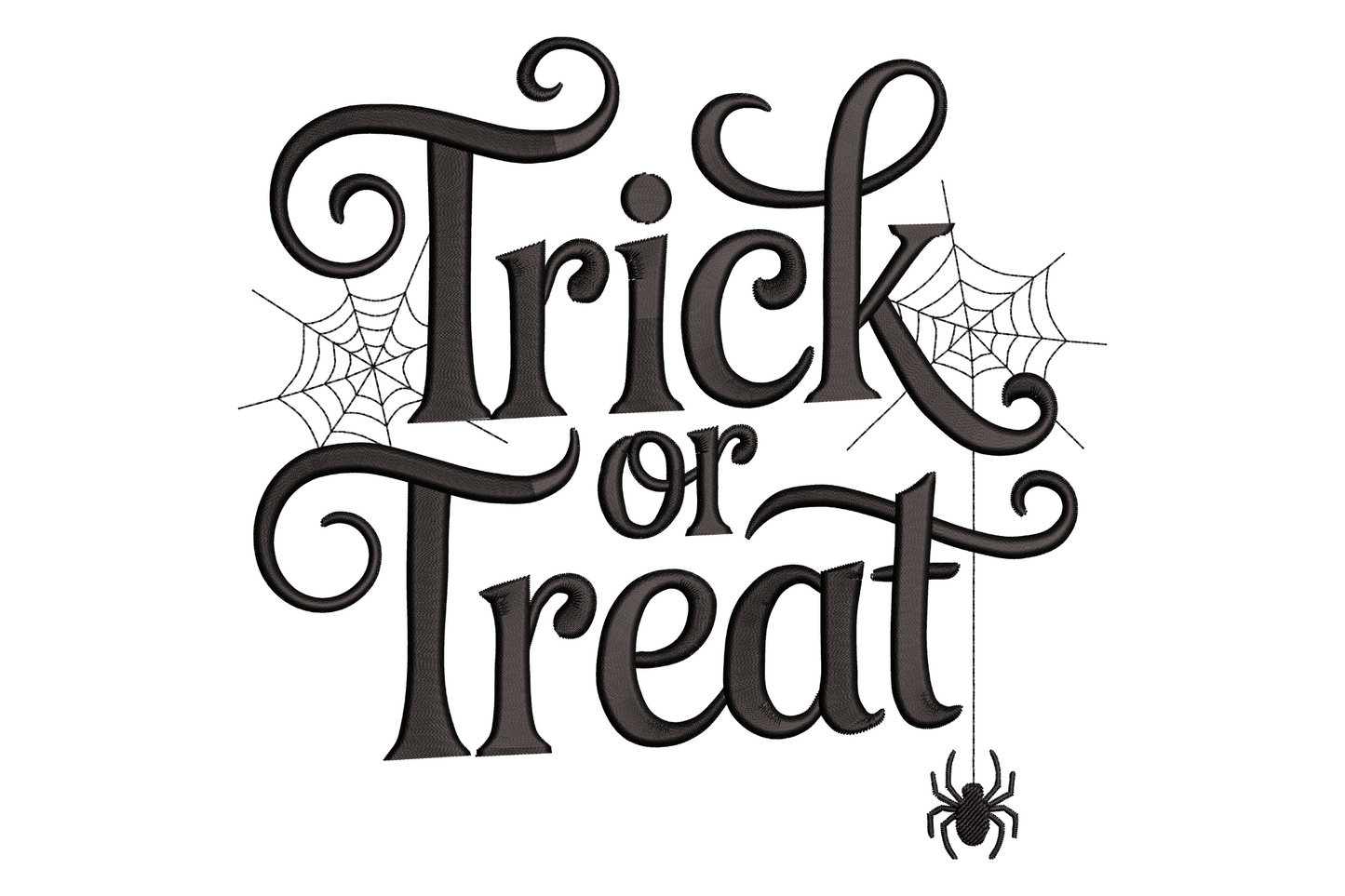 Trick or treat Halloween text embroidery design with chunky rounded display lettering in a near-square multi-line layout, single colour, 3.5 by 3.32 inches, bold festive style.