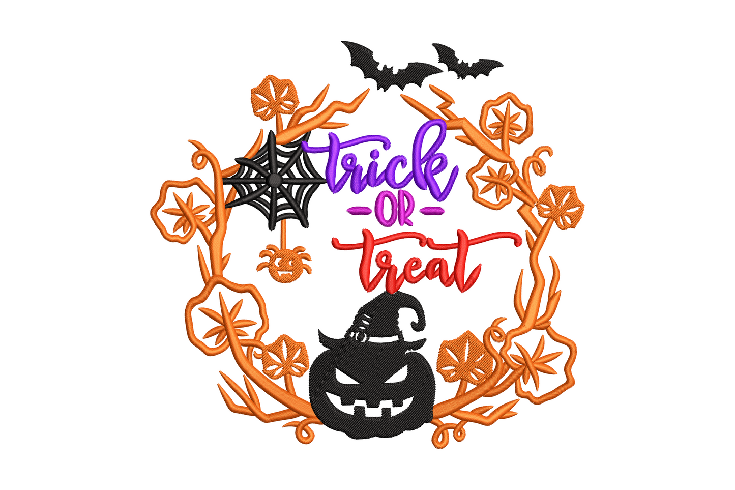 Halloween trick or treat wreath embroidery design with orange botanical leaves, black pumpkin with witch hat, bats, spider web and coloured trick or treat lettering