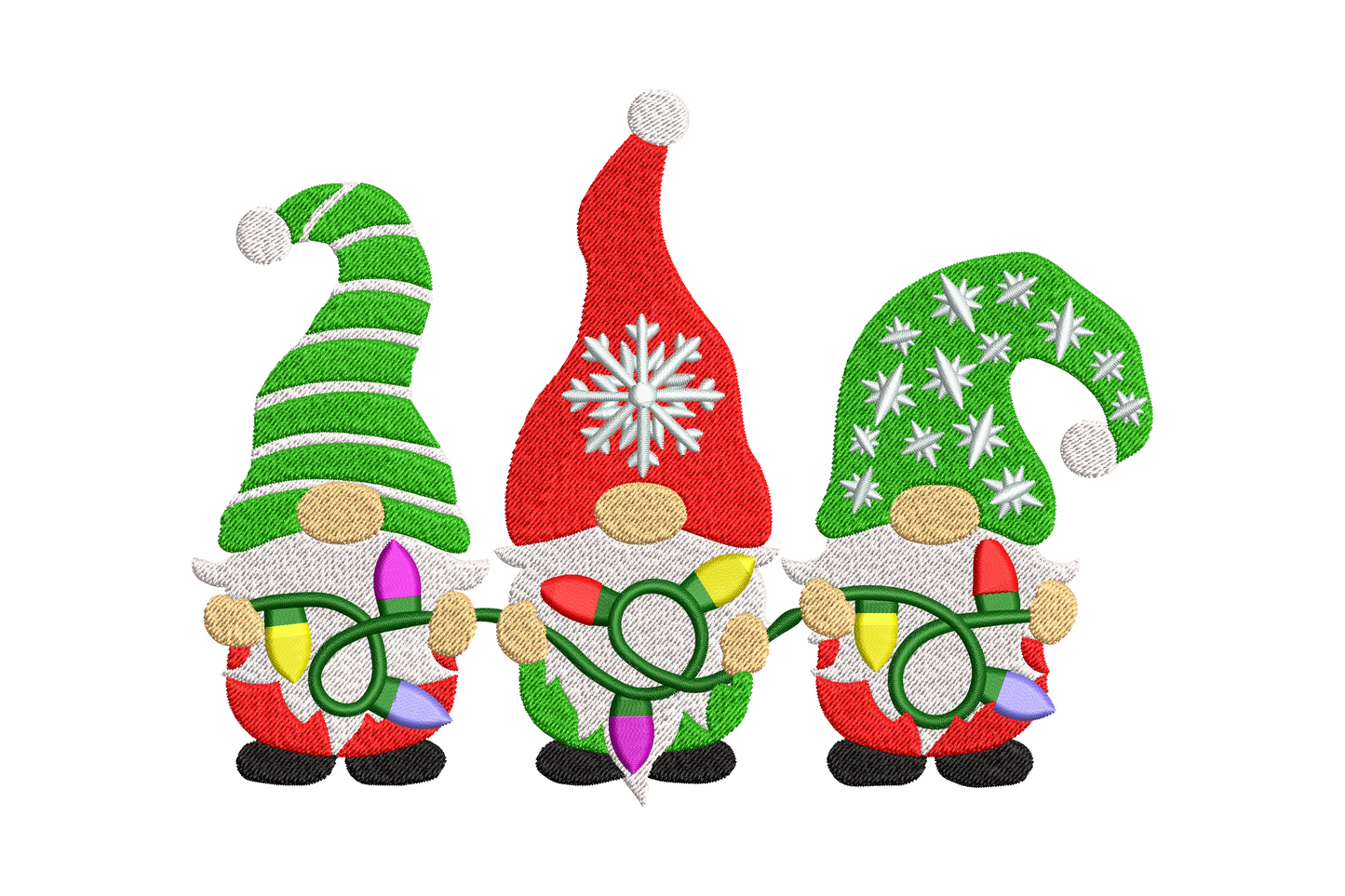 Three whimsical christmas gnomes in a row holding string lights above them, 10 colour holiday embroidery design