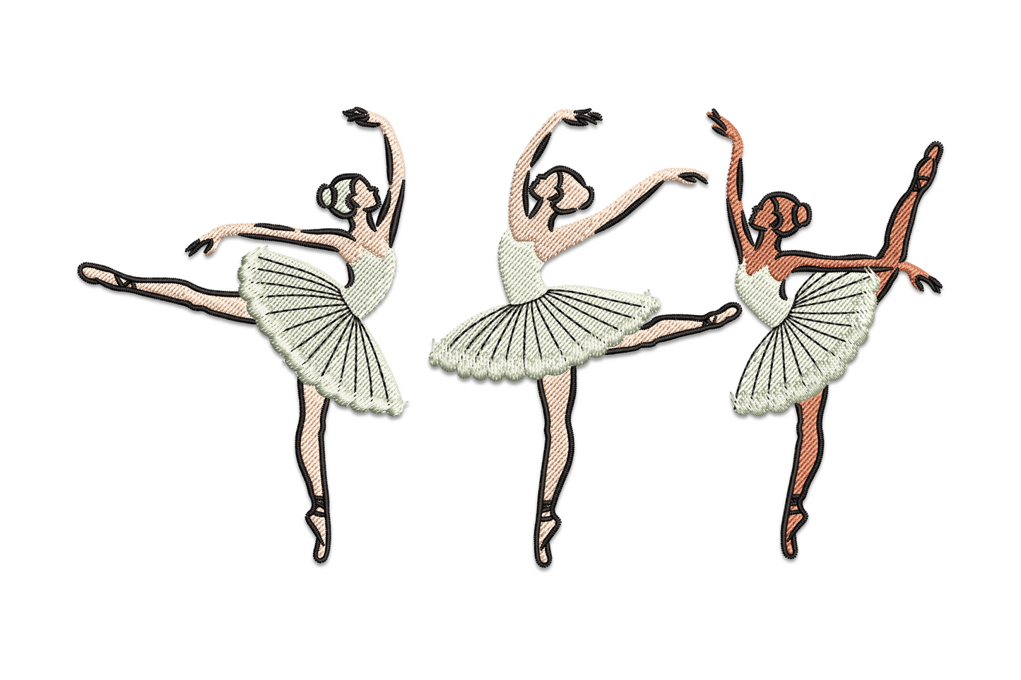 Triple ballerina embroidery design, three dancers in different poses, cream tutus with radiating satin columns, peach skin, black shoes.