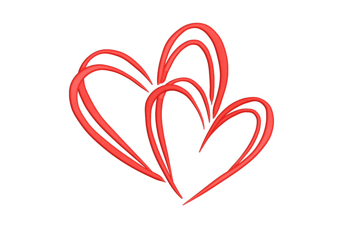 Triple heart line art embroidery in red with three overlapping open-outline swirly hearts in a flowing diagonal cluster.