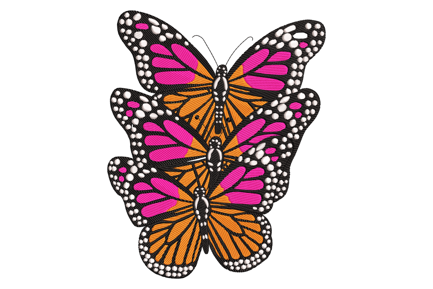 Triple monarch butterfly embroidery stacked vertically in hot pink, orange and ink black with chunky white dot edges.