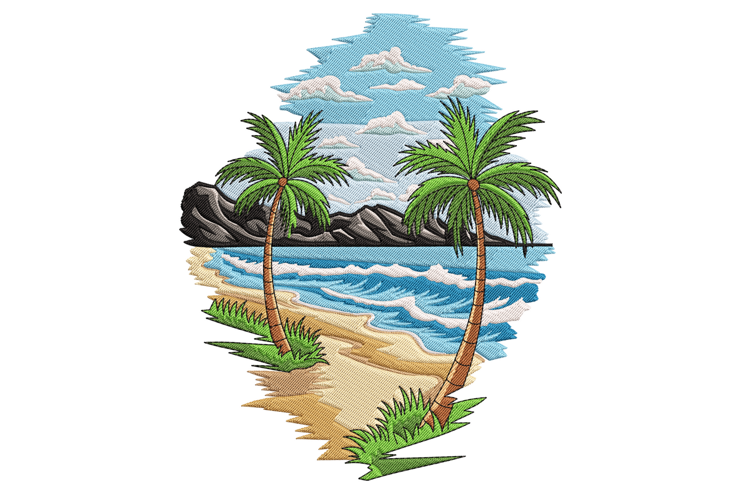 Tropical beach with palm trees embroidery design, two palms framing a sandy beach with ocean waves and cloud-streaked sky