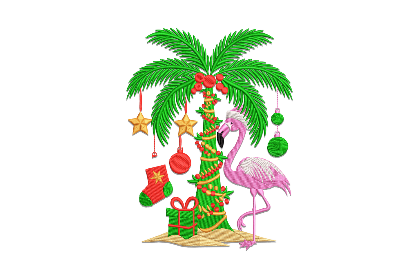 Tropical Christmas flamingo embroidery design with palm tree, ornaments and santa hat in pink, green and red.