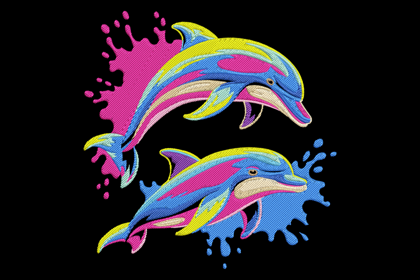 Tropical dolphin splash embroidery design with two leaping dolphins in neon blue, hot pink and yellow with paint-splash halos on black background.