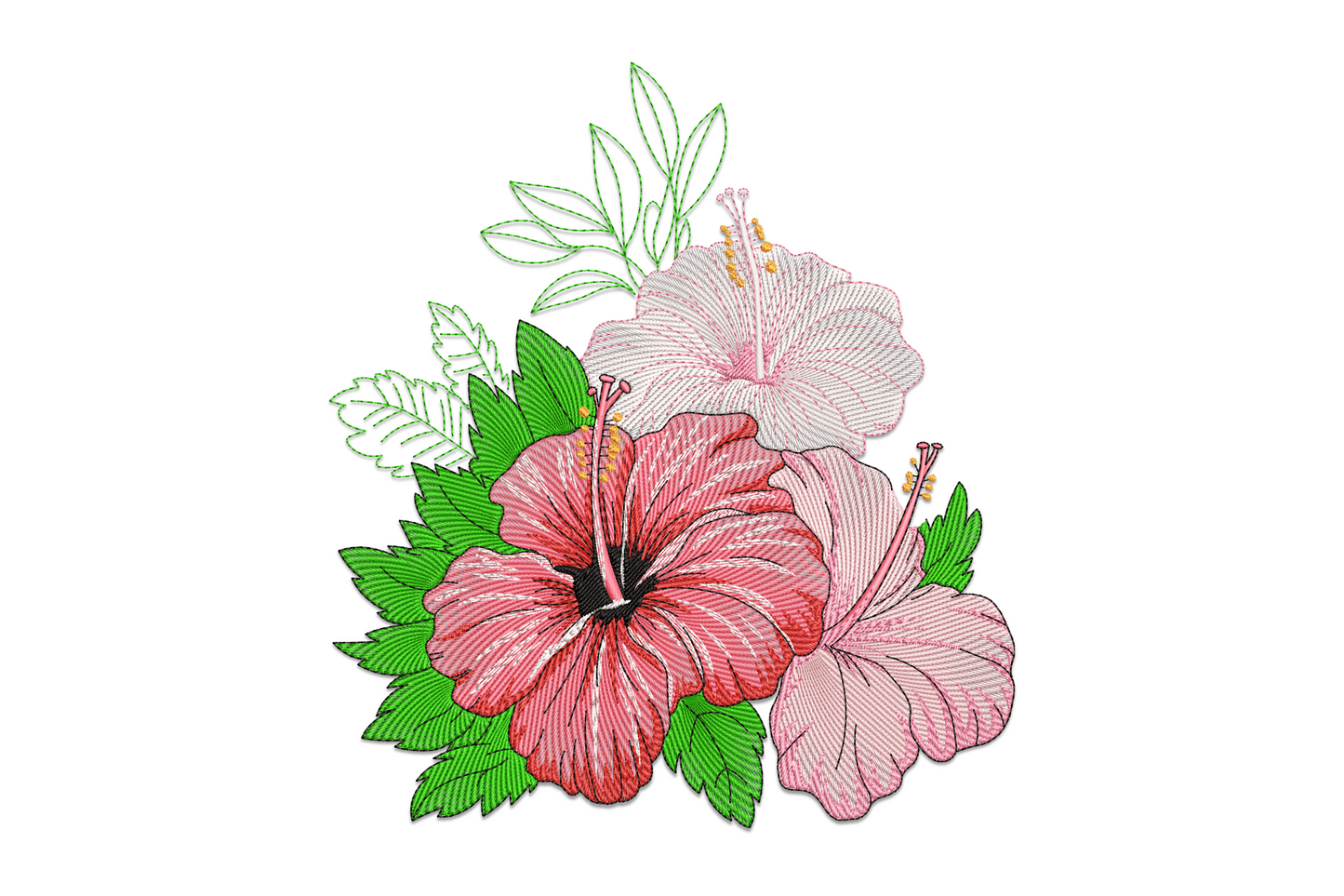 Tropical hibiscus flower machine embroidery design showing coral-pink five-petal bloom with magenta throat, gold stamens, and deep-green flanking leaves, botanical style.