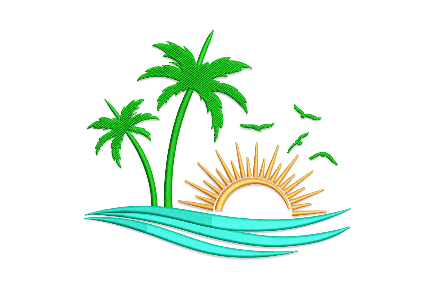Tropical palm tree sunrise machine embroidery design, graphic silhouette in deep green and amber orange against cream sky, 4 sizes up to 5.98 inches