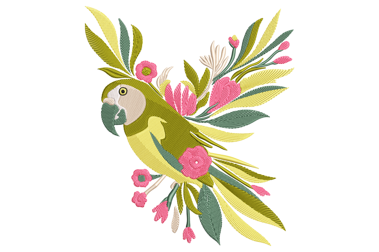 Machine embroidery design of a tropical parrot perched among lush floral blooms and leaves, scarlet red and cobalt blue, 9 sizes up to 7.50 inches