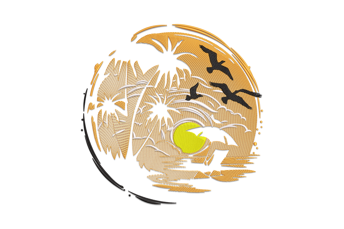 Tropical sunset beach machine embroidery design showing coral-orange sun low on the horizon, silhouetted palm trees, amber sky gradient, and mid-blue water in a four-colour graphic landscape style.