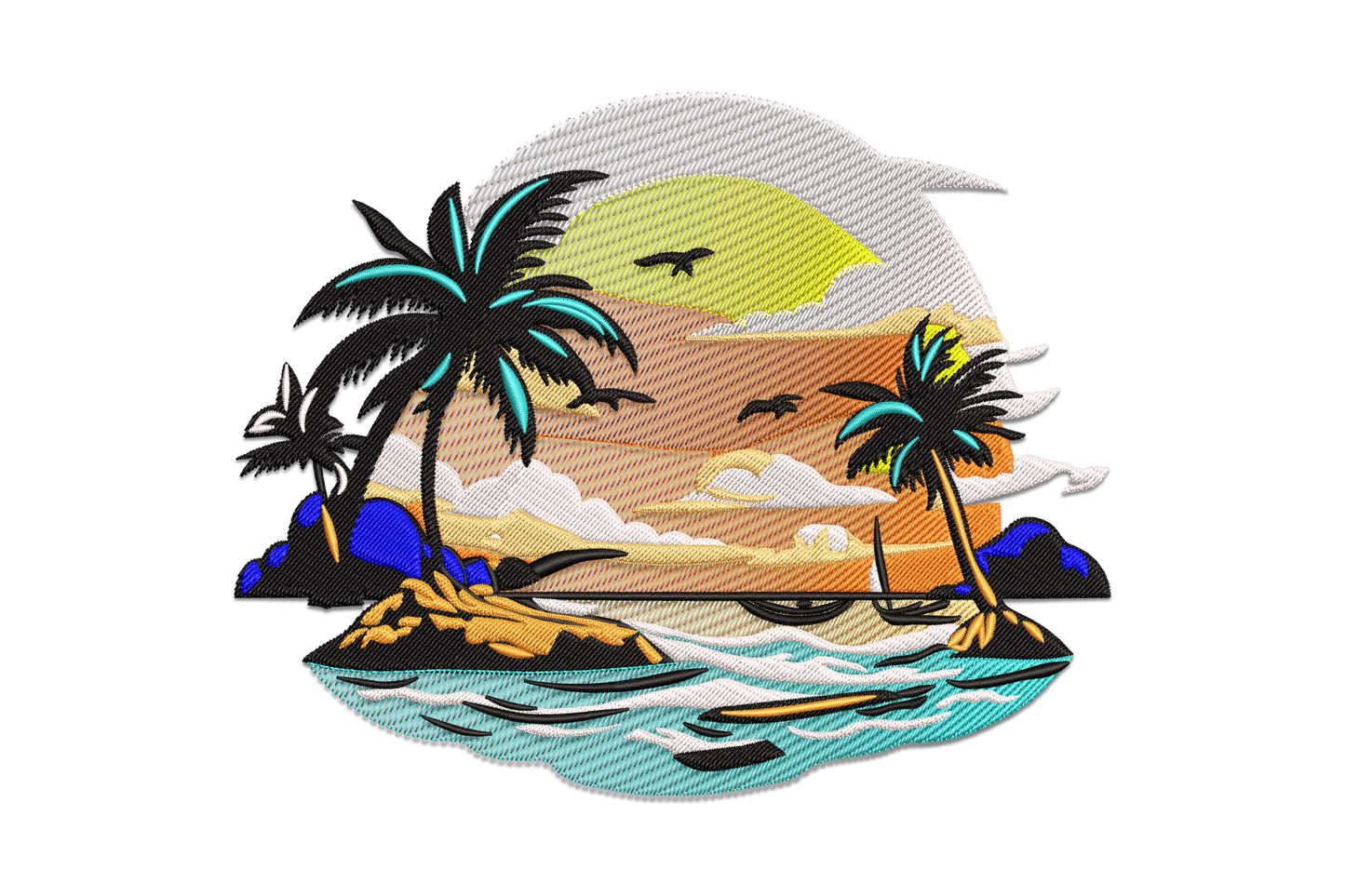 Embroidery design of a tropical island with two leaning palms and a hammock set against a layered magenta, orange, and golden yellow sunset sky above teal water