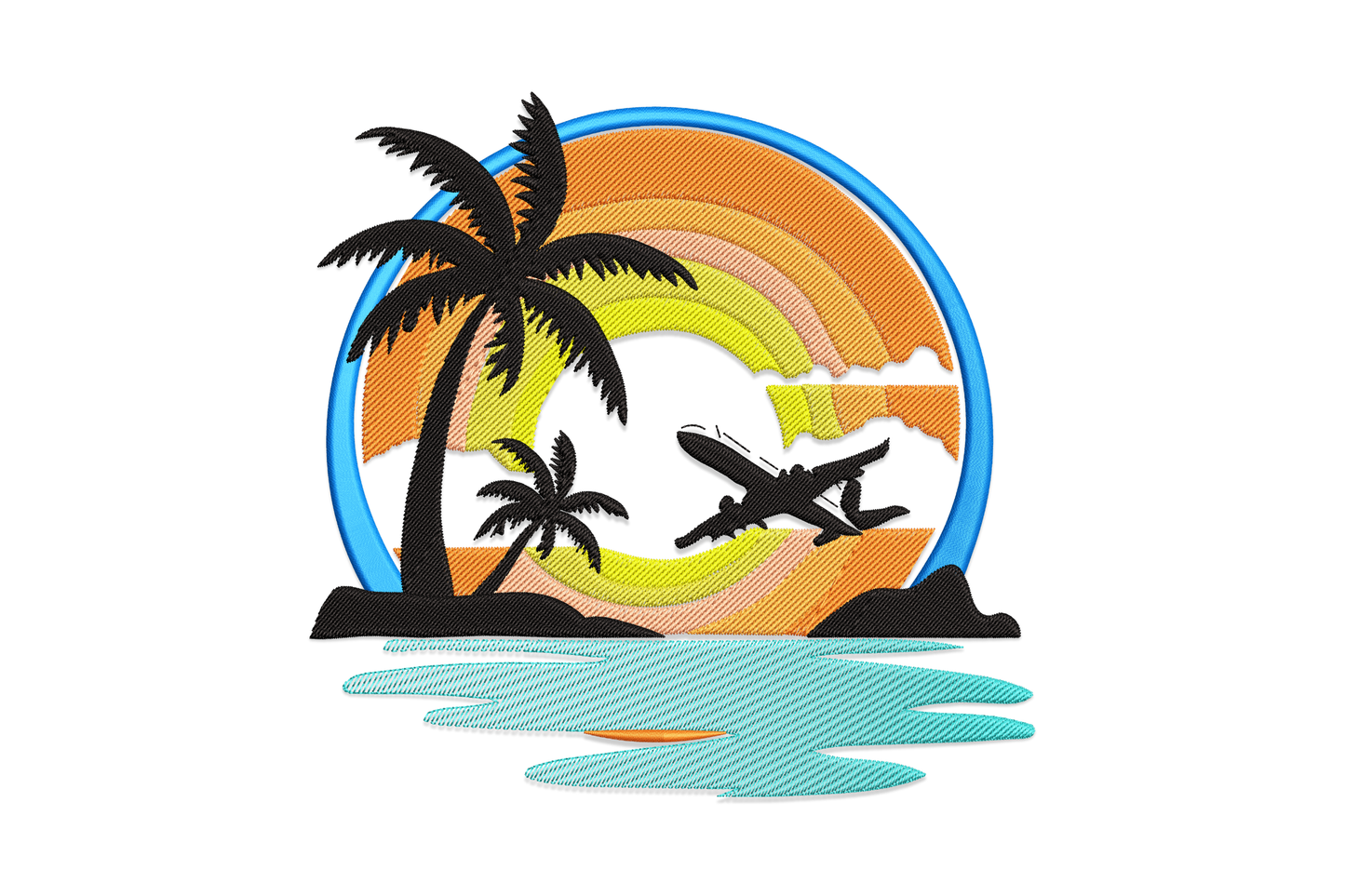 Embroidery design of an airplane silhouette passing a dark palm tree against a banded sunset sky in violet, coral orange, amber, and golden yellow thread