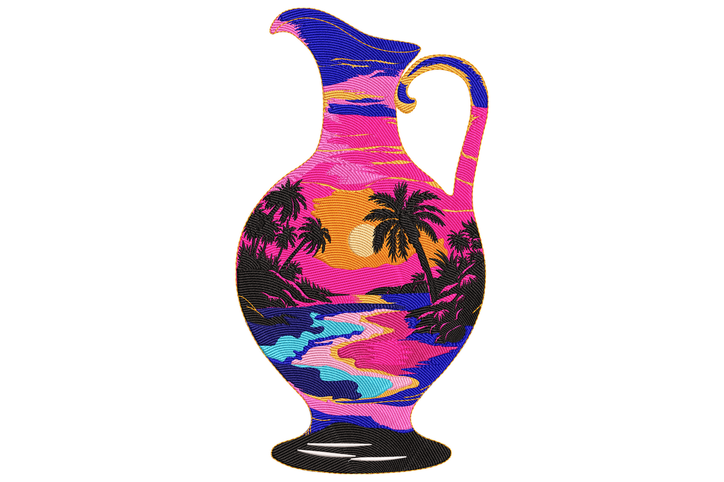 Tropical sunset vase embroidery with palm tree silhouettes, magenta sky, orange sun, ocean waves wrapping a tall pitcher.