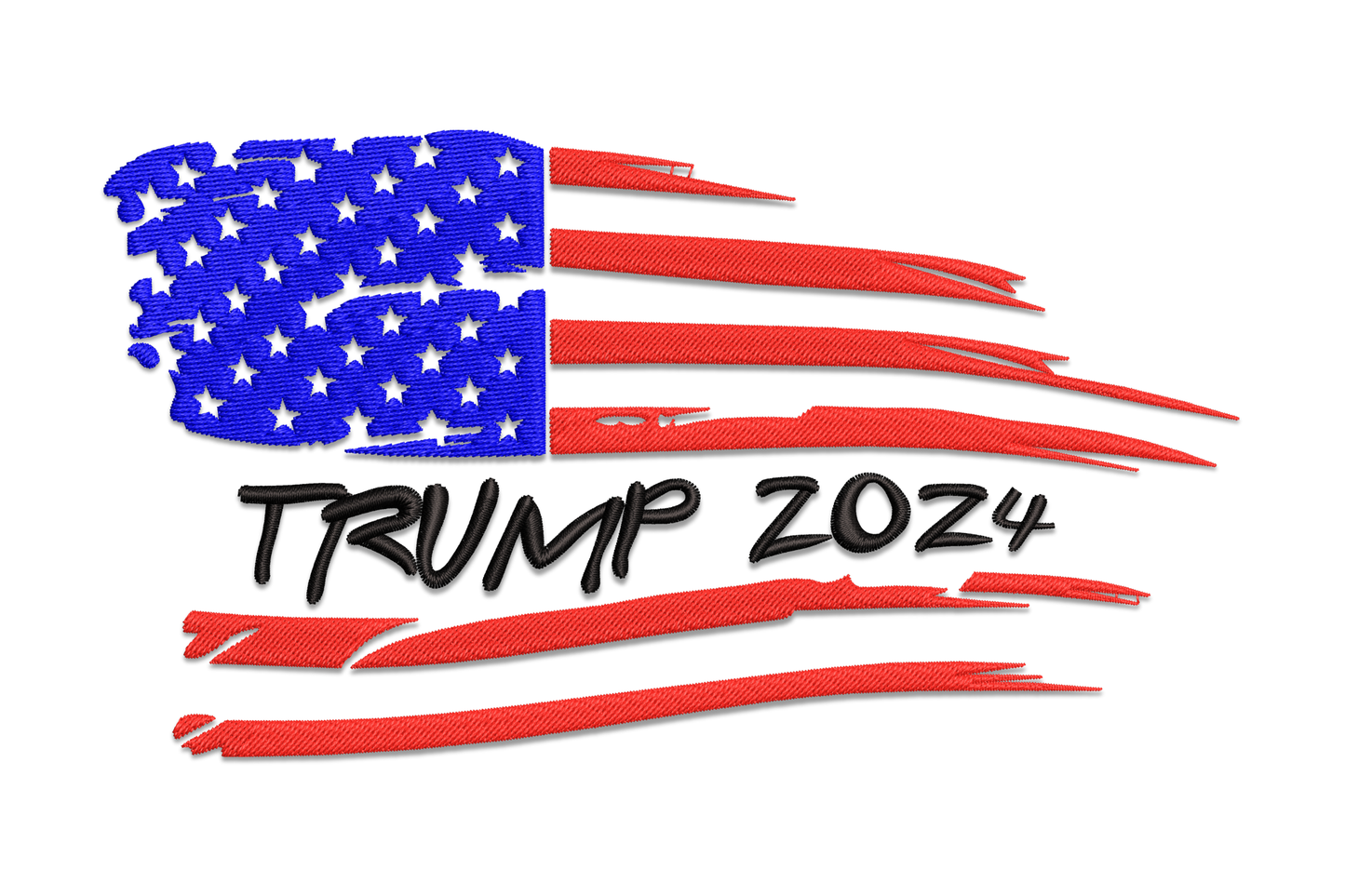 Trump 2024 American flag embroidery design, brushstroke flag in red white blue with bold script below