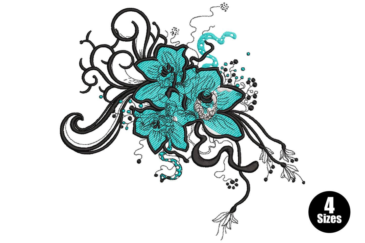 Turquoise floral swirl embroidery design with two aqua orchid blooms and bold black ink scroll tendrils fanning outward.