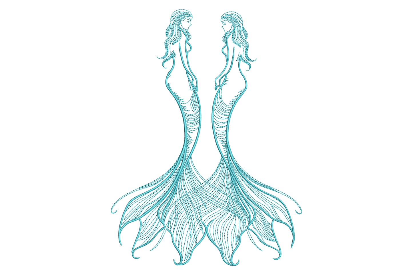 Twin mermaid embroidery design, two mirrored mermaids facing each other with tails crossing, teal outline art, single thread, white fabric.