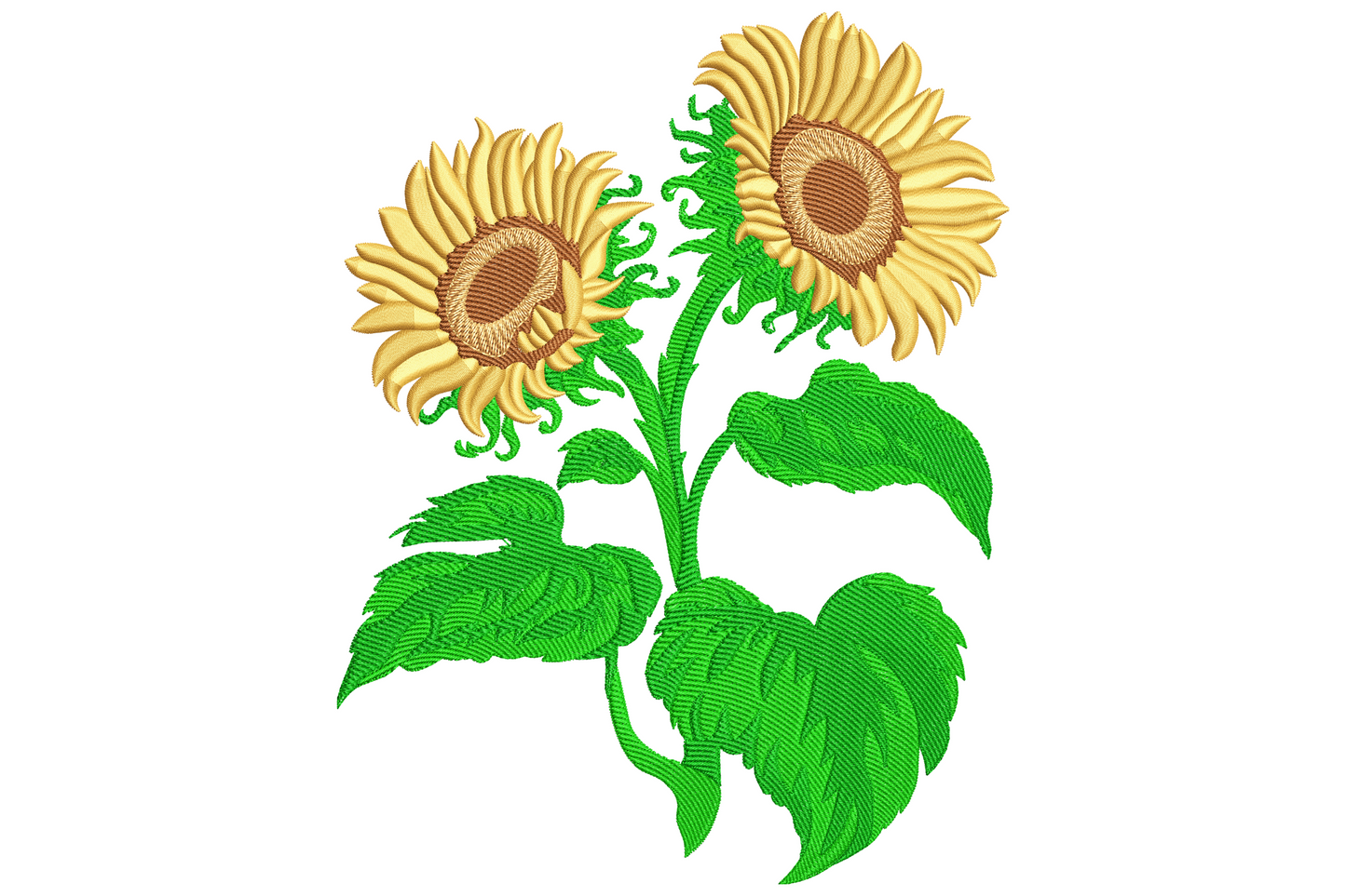 Two yellow sunflowers embroidery with cocoa-brown seedheads, curling green stems and pointed leaves fanning around the base.